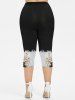 Flower Leaf Branch Contrast Colorblock Print T-shirt and Leggings Plus Size Matching Set -  