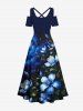 Plus Size Ombre Flower Leaf Glitter Galaxy Print Hawaii Cold Shoulder Crisscross A Line Maxi Dress -  