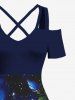 Plus Size Ombre Flower Leaf Glitter Galaxy Print Hawaii Cold Shoulder Crisscross A Line Maxi Dress -  