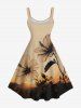 Robe débardeur trapèze hawaïenne grande taille à imprimé coucher de soleil et fleurs d'hibiscus - café lumière XXS