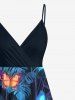 Plus Size Tropical Leaf Branch Colorful Glitter Butterfly Print Hawaii Surplice A Line Cami Dress -  