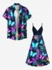 Plus Size Tropical Leaf Branch Colorful Glitter Butterfly Print Hawaii Surplice A Line Cami Dress -  