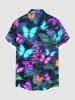 Plus Size Tropical Leaf Branch Colorful Glitter Butterfly Print Hawaii Button Pocket Shirt For Men -  