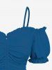 Plus Size Cold Shoulder Puff Sleeve Solid Cinched Top -  