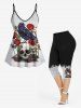 Leggings capri grande taille à imprimé tête de mort, rose, fleur et corbeau - Noir S