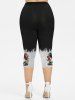 Leggings capri grande taille à imprimé tête de mort, rose, fleur et corbeau - Noir 5X