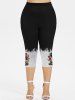 Leggings capri grande taille à imprimé tête de mort, rose, fleur et corbeau - Noir 5X