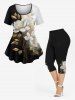 Plus Size Flower Leaf Branch Print Capri Leggings -  
