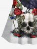 Haut caraco grande taille à imprimé tête de mort, rose, fleur et corbeau - Blanc 3X