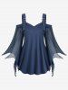 Plus Size Cold Shoulder Buckle Straps Mesh Bell Sleeve Top -  