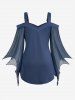 Plus Size Cold Shoulder Buckle Straps Mesh Bell Sleeve Top -  