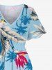 Robe mi-longue hawaïenne fendue grande taille à imprimé fleurs d'hibiscus, feuilles et cocotiers - Bleu clair XS