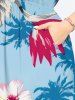 Robe mi-longue hawaïenne fendue grande taille à imprimé fleurs d'hibiscus, feuilles et cocotiers - Bleu clair XS