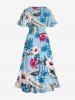 Robe mi-longue hawaïenne fendue grande taille à imprimé fleurs d'hibiscus, feuilles et cocotiers - Bleu clair XS