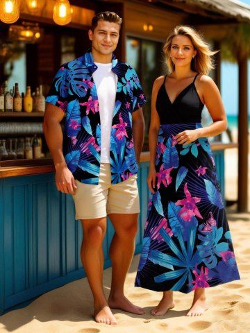 Flowers Leaf Butterfly Tropical Print Plus Size Matching Hawaii Beach Outfit For Couples - BLACK