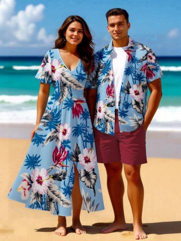 Hibiscus Flowers Leaf Coconut Tree Print Plus Size Matching Hawaii Beach Outfit For Couples - LIGHT BLUE