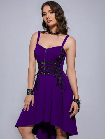 Plus Size Grommets Lace Up Buckles Zipper High Low Midi Dress - CONCORD - 4X | US 26-28