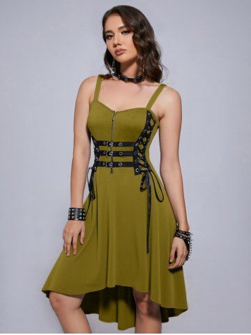 Plus Size Grommets Lace Up Buckles Zipper High Low Midi Dress - YELLOW - 5X | US 30-32