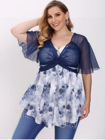 Plus Size Watercolor Rose Flower Print Lace Trim Ruched Cami Top and Ruffles Twist Blouse - BLUE - 2X | US 18-20