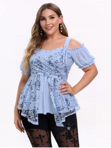 Plus Size Cold Shoulder Puff Sleeves Gilding Rose Flower Lace Overlay Layered Crossover Top - LIGHT BLUE - 5X | US 30-32