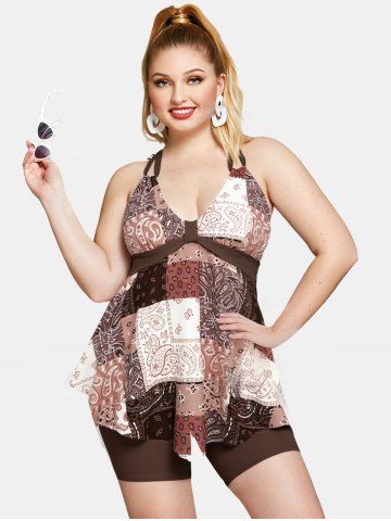 Plus Size Retro Vintage Floral Paisley Plaid Printed Halter Backless Boyleg Tankini Swimsuit - COFFEE - 2X | US 18-20