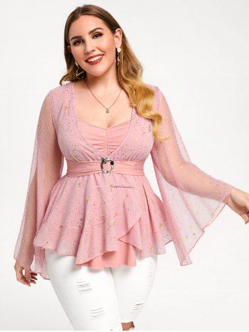 Plus Size Foil Stamping Star Print Buckle Ruched Sheer Layered T-shirt - LIGHT PINK - 5X | US 30-32