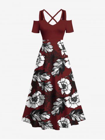 Plus Size Flowers Leaf Print Cold Shoulder Crisscross Hawaii Maxi Dress - DEEP RED - 1X
