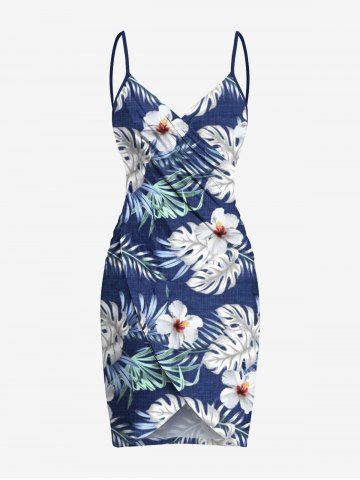 Plus Size Hibiscus Flowers Tropical Leaf Print Convertible Beach Cover - BLUE - XXS