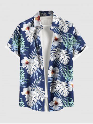 Plus Size Hibiscus Flowers Tropical Leaf Print Buttons Pocket Hawaii Shirt For Men - BLUE - 6XL