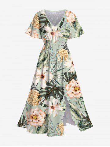 Plus Size Pineapple Hibiscus Flower Tropical Leaf Print Split Hawaii Midi Dress - LIGHT GREEN - 4X