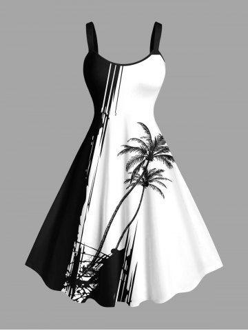 Plus Size Colorblock Coconut Tree Cliff Print Hawaii Tank Dress - WHITE - XS