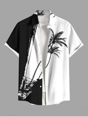 Plus Size Colorblock Coconut Tree Cliff Print Buttons Pocket Hawaii Shirt For Men - WHITE - 2XL