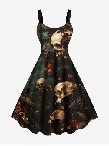Plus Size Skulls Rose Flower Cloud Print Hawaii Tank Dress - DEEP GREEN - 4X