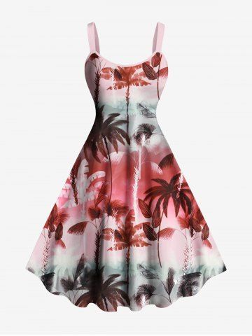 Plus Size Coconut Tree Ombre Colorblock Print Hawaii Tank Dress - RED - XS