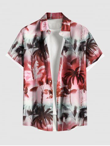 Plus Size Coconut Tree Ombre Colorblock Print Buttons Pocket Hawaii Shirt For Men - RED - 2XL
