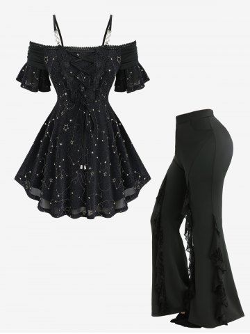 Star Stamping Lace Up Cold Shoulder Top and Spider Web Flocking Flare Pants Plus Size Outfit - BLACK