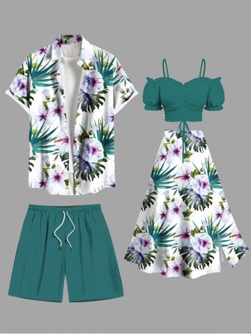 Hibiscus Flowers Tropical Leaf Print Plus Size Matching Hawaii Beach Outfit For Couples - GREEN