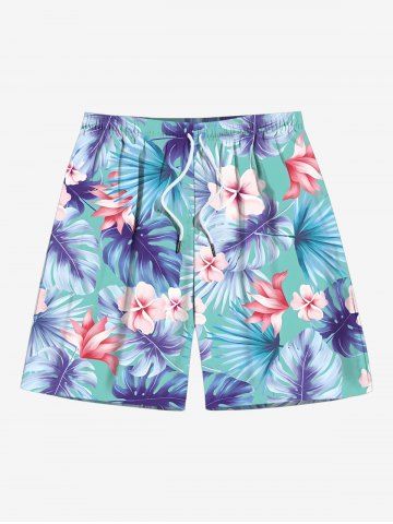 Plus Size Tropical Leaf Hibiscus Flower Print Hawaii Drawstring Beach Shorts For Men - BLUE - 3XL