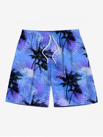 Plus Size Coconut Tree Tropical Leaf Tie Dye Ombre Sky Print Hawaii Drawstring Beach Shorts For Men - BLUE - 3XL