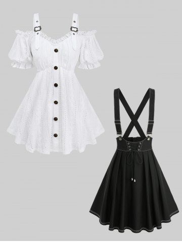 Jacquard Embroidery Pointelle Hollow Out Top and Lace Up Crisscross A Line Suspender Skirt Plus Size Outfit - WHITE