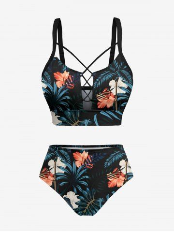 Tropical Leaf Hibiscus Flower Print Hawaii Lace Up Tankini Top and Swim Bottom Plus Size Matching Set - BLACK