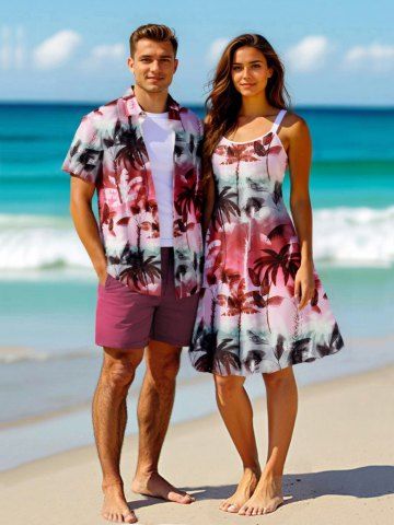Coconut Tree Ombre Colorblock Print Plus Size Matching Hawaii Beach Outfit For Couples