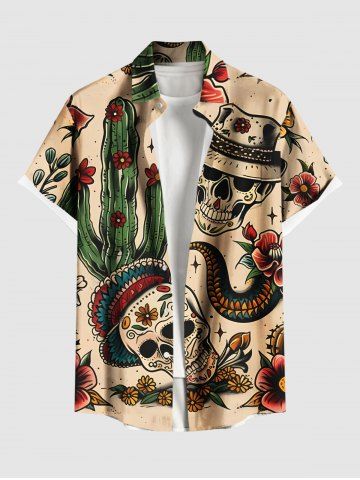 Plus Size Skull Flower Snake Cactus Print Hawaii Western Cowboy Style Shirt For Men - LIGHT COFFEE - 6XL