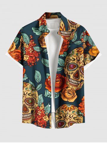 Plus Size Skull Flower Leaf Print Hawaii Button Pocket Shirt For Men - GREEN - M