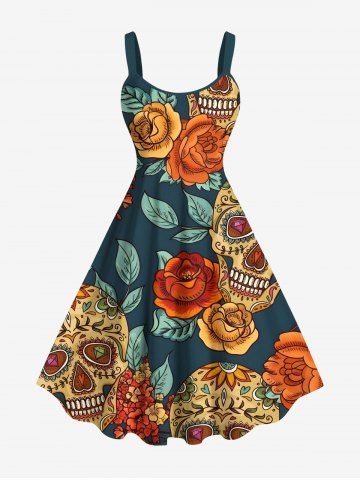 Plus Size Skull Flower Leaf Print Hawaii A Line Tank Dress - DEEP GREEN - 4X