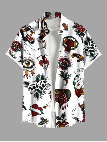 Plus Size Skull Flower Heart Snake Eye Print Button Pocket Shirt For Men - WHITE - 2XL