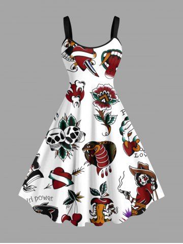 Plus Size Skull Flower Heart Snake Cherry Print A Line Tank Dress - WHITE - 4X