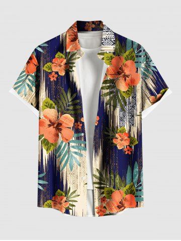 Plus Size Tropical Leaf Hibiscus Flower Ethnic Print Hawaii Button Pocket Shirt For Men - LIGHT COFFEE - 6XL