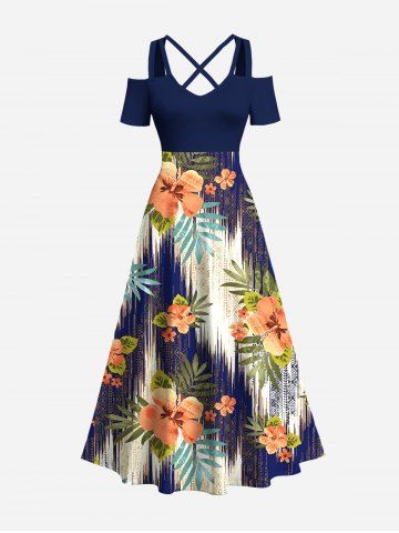 Plus Size Tropical Leaf Hibiscus Flower Ethnic Print Hawaii Cold Shoulder Crisscross A Line Maxi Dress - BLACK - 4X