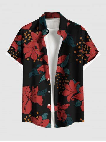 Plus Size Flower Leaf Spotted Print Hawaii Button Pocket Shirt For Men - BLACK - 6XL